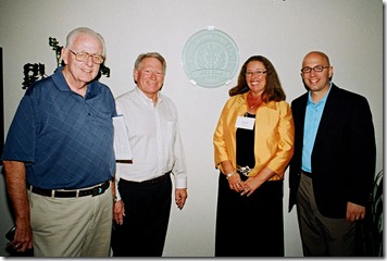 Dr. Jack Dean, Dr. Ken Wertman, Joan Koerber-Walker, and Mike Capaldi with Sanofi US LEED GOLD emblem. Photo courtesy of Sanofi US.  All Rights Reserved