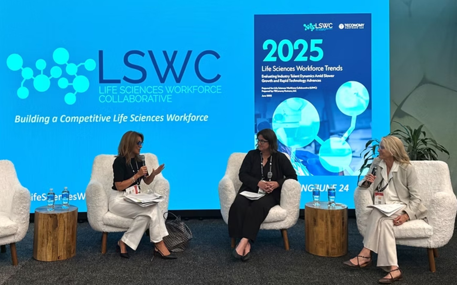 LSWC Leaders Liisa Bozinovic, Chair of LSWC and Executive Director of the Oregon Bioscience Association & Lori Lindburg, Co-Founder and Sr. Advisor to the LSWC present at the 2025 BIO Convention Storytelling Stage.