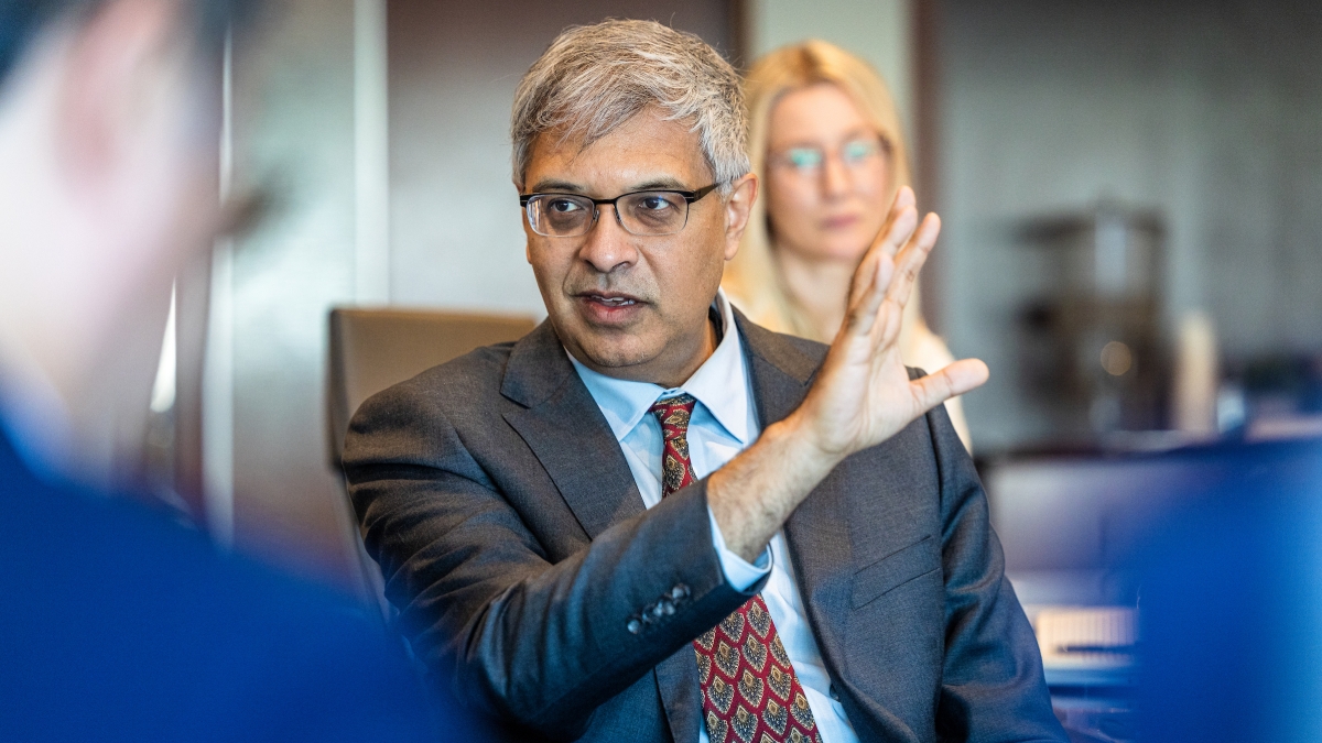National Institutes of Health Director Jay Bhattacharya speaks during a visit Tuesday at the Fulton Center on the Tempe campus. Interdisciplinary groups across ASU — including people representing ASU Health, Knowledge Enterprise, the biomedical workforce and Food Is Medicine — discussed their work with Bhattacharya. Photo by Charlie Leight/ASU News